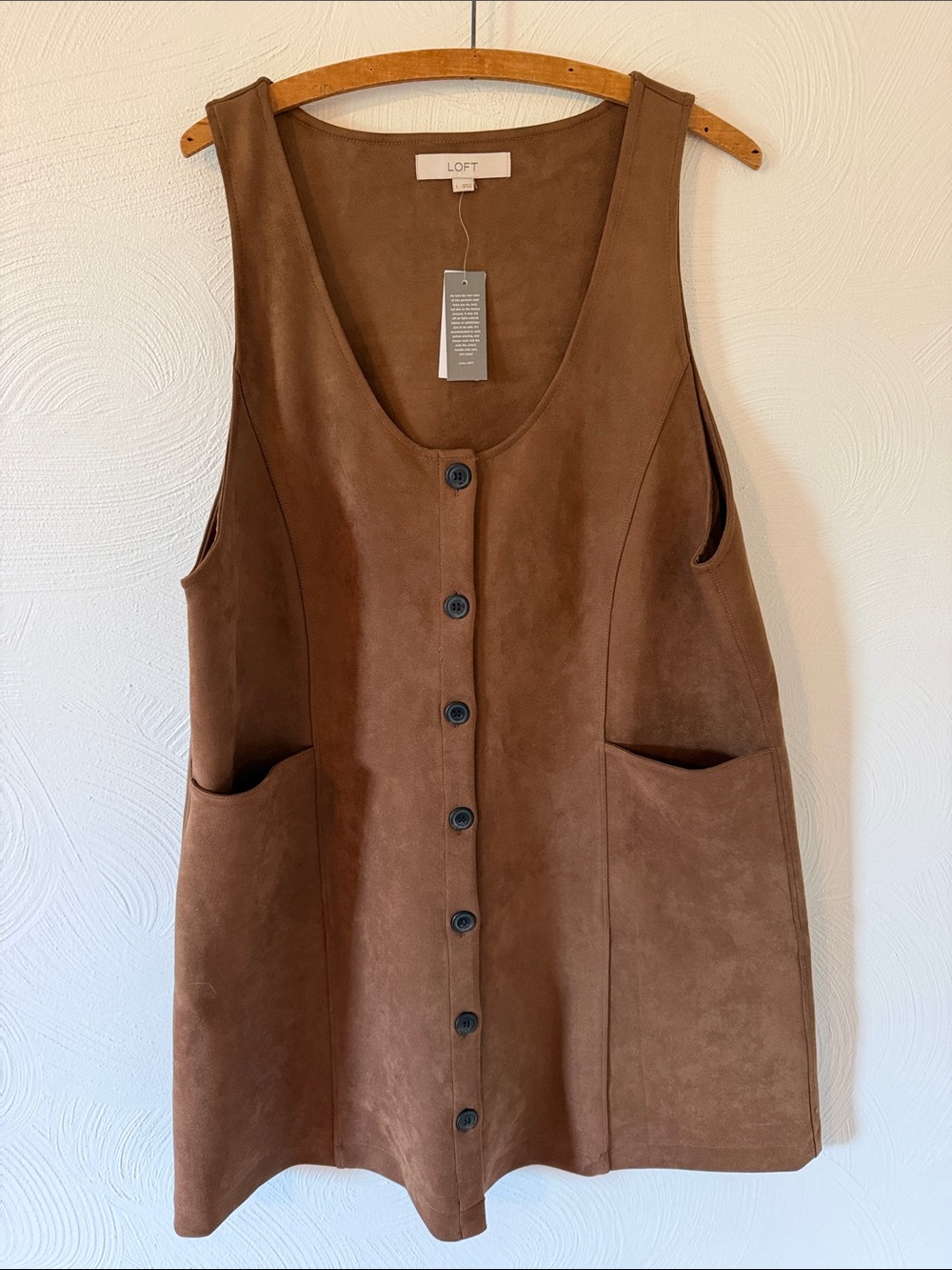 LOFT NWT Brown Faux-Suede Button Front Above-The-Knee Dress. Size Large.